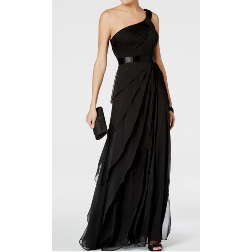 Adrianna Papell Black Chiffon One Shoulder Gown Maxi Dress US Size 2 Formal